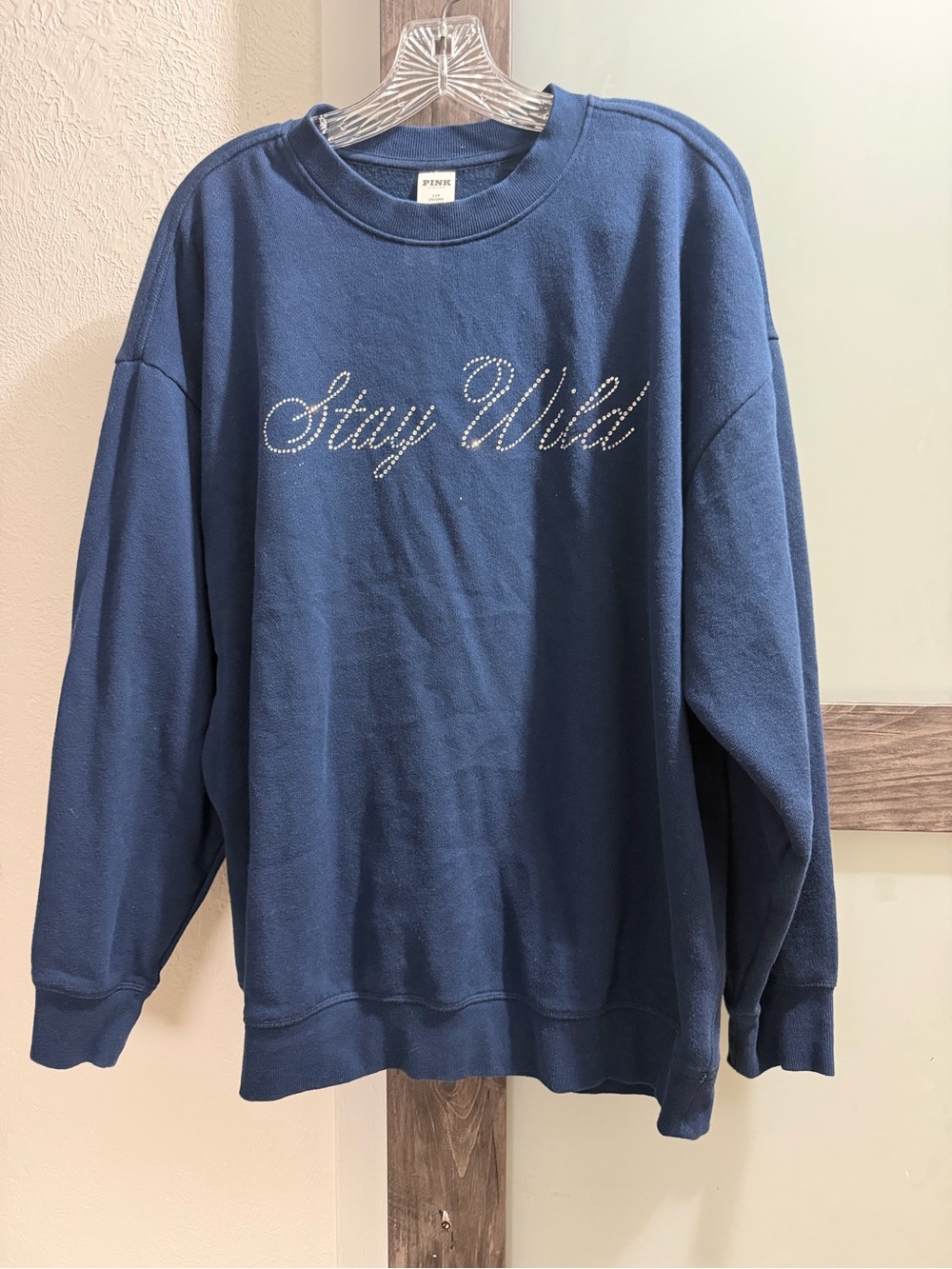 PINK Victoria's Secret Navy Crewneck Sweatshirt with Rhinestone 'Stay Wild'